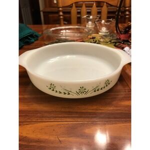 Fire king milk glass cake oven proof casserole green flowers‎